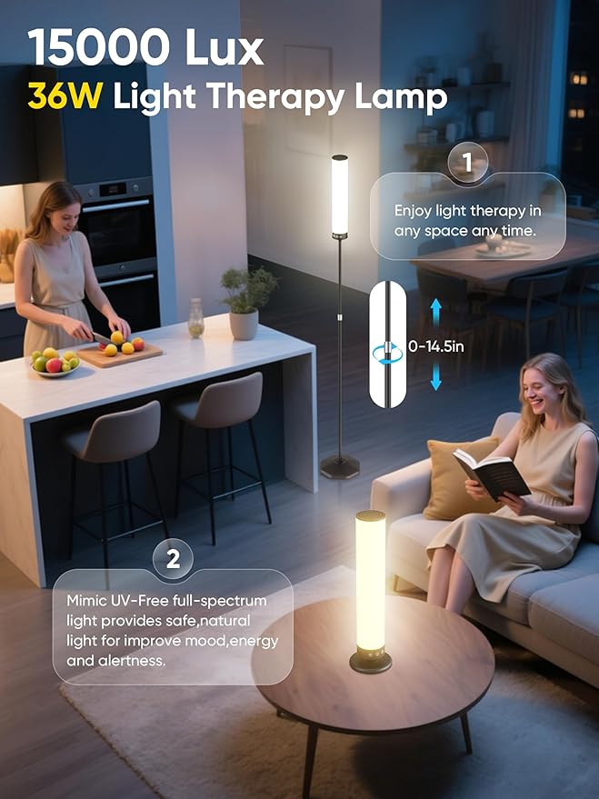 Light Therapy Lamp 15,000 Lux Happy Therapy Light with Remote, 2-in-1 Pedestal to Tabletop Lamp, Full Spectrum Daylight Lamp with Adjustable Color/Brightness/Timer, Memory Function, 36W