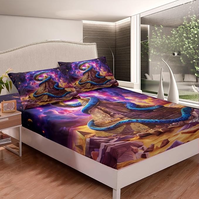 Blue Snake Fitted Sheet Full Size,Starry Sky Galaxy Planet Trippy Bedding Set,Boys Girls Room Decor,Egypt Noble Animals Boho Psychedelic Bed Cover,Purple Unique Bed Sheet,2 Pillowcases