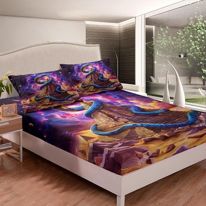 Blue Snake Fitted Sheet Twin Size,Starry Sky Galaxy Planet Trippy Bedding Set,Boys Girls Room Decor,Egypt Noble Animals Boho Psychedelic Bed Cover,Purple Unique Bed Sheet,1 Pillowcase