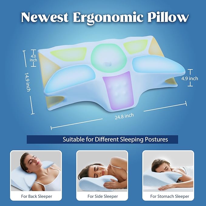 Cervical Pillow for Neck Pain Relief, Cooling Contour Memory Foam Pillows Support Odorless Ergonomic Neck Pillow Adjustable Orthopedic Bed Pillow for Side Back Stomach Sleeper with Pillowcase,Blue