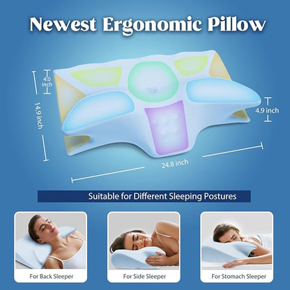 Cervical Pillow for Neck Pain Relief, Cooling Contour Memory Foam Pillows Support Odorless Ergonomic Neck Pillow Adjustable Orthopedic Bed Pillow for Side Back Stomach Sleeper with Pillowcase,Blue