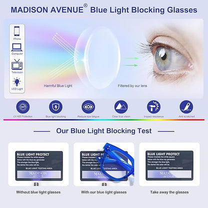 Madison Avenue Oversized Blue Light Blocking Glasses for Women Fashion Blue Light Blockers Anti Eyestrain & UV Protection Computer Eyeglasses (Klein Blue)