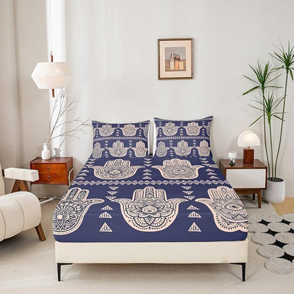 Hamsa Hand Kids Sheet King Size,Boho Lucky Hand of Fatima Bedding Set,Boys Girls Adults Room Decor,Mandala Flowers Geometric Abstract Blue Exotic Bed Sheet Set 4pcs(Fitted + Flat + 2 Pillowcases)