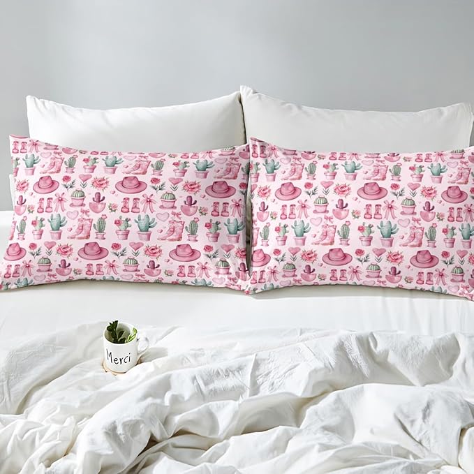 Western Cowgirl Fitted Sheet Pink Bowknots Dreamy Roses Flowers Bed Sheet Set for Kids Children Teens American Tribal Boots Hats Desert Cactus Bed Cover Toddler Bedroom Decor,Twin Size