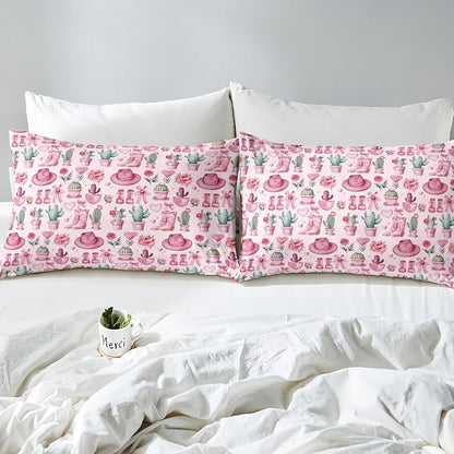 Western Cowgirl Fitted Sheet Pink Bowknots Dreamy Roses Flowers Bed Sheet Set for Kids Children Teens American Tribal Boots Hats Desert Cactus Bed Cover Toddler Bedroom Decor,Twin Size