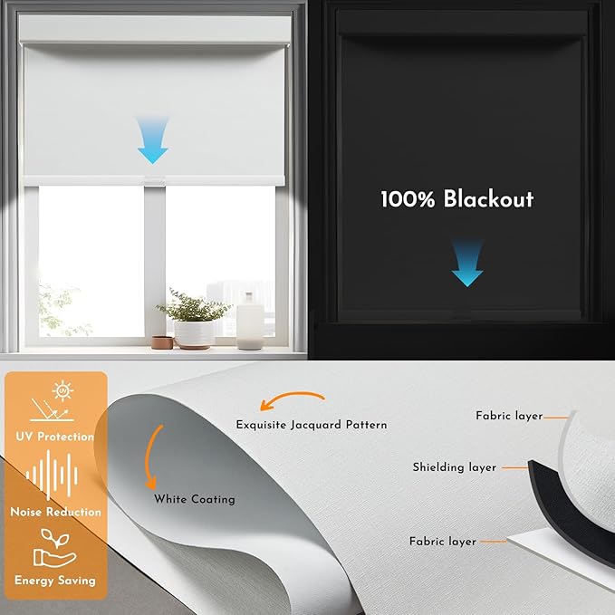 Persilux Motorized Roller Blinds with Remote Control, Blackout Electric Window Shades Compatible with Alexa Google via Hub, Rechargeable Smart Blinds for Windows, Custom Size, Blackout-White