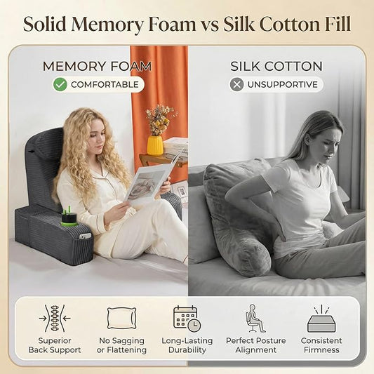 AS AWESLING Reading Pillow for Adults, Back Pillow for Bed Sitting Up, Backrest Pillow for Sitting in Bed, Detachable Arms with Built-in Cup & Phone Caddy (Dark Gray-Corduroy, 21 INCH)