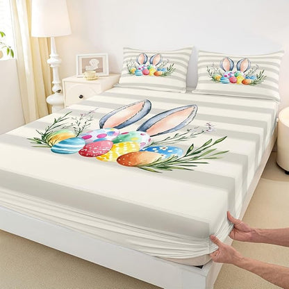 Happy Easter Bed Sheet Twin Size Easter Egg Spring Holiday Bedding Set Flowers Cute Animal Fitted Sheet Kids Boys Girls Room Decor Beige Gray Soft Sheets with 1 Pillowcase,No Top Flat
