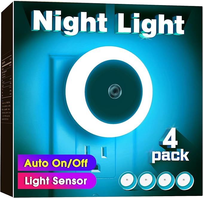 Briignite Azure Blue Night Light, Night Lights Plug into Wall [4Pack], Nightlight with Light Sensors, LED NightLight for Kids Room, Bathroom Night Light, Stair Lights, Hallway Light