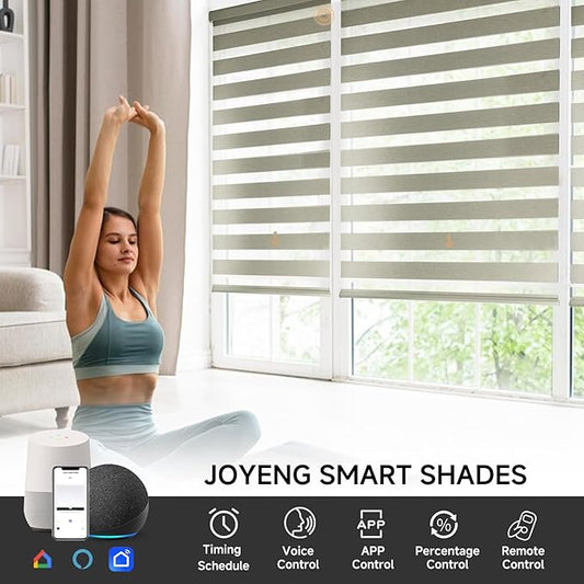 Motorized Zebra Blinds, Cordless Blackout Window Shades with Remote, Custom Dual Layer Smart Roller Shades Compatible with Alexa Google Assistant, Automatic Light Filtering Blinds,Warm Grey