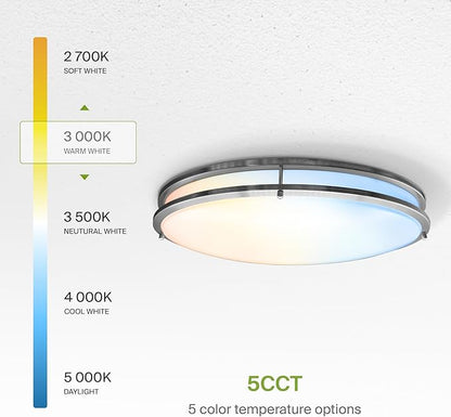 ASD LED 24" Oval Flush Mount Lighting, Close to Ceiling Light Fixture | 5CCT, Dimmable, ETL Listed | 38W 3289LM 2700-5000K 120V | Low Profile Double Ring Lamp | Nickel