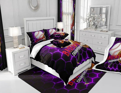 Manfei Baseball Sheet Set Full Size, Ball Gaming Sports Themed Bedding Set for Kids Boy Teen Room Decor, Purple Honeycomb Bed Sheet Set 4pcs with Deep Pocket Fitted Sheet + Flat Sheet + 2 Pillowcases
