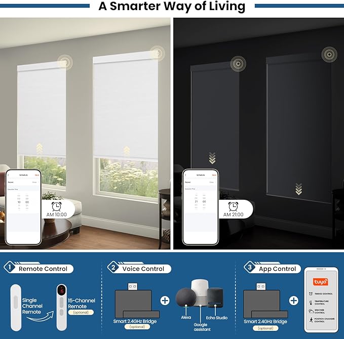 No Drill Motorized Blinds with Remote, Blackout Automatic Blinds with Solar Panel, Cordless Smart Electric Roller Shades for Windows, White, 44½ x 72