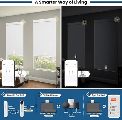 No Drill Motorized Blinds with Remote, Blackout Automatic Blinds with Solar Panel, Cordless Smart Electric Roller Shades for Windows, White, 25½ x 72