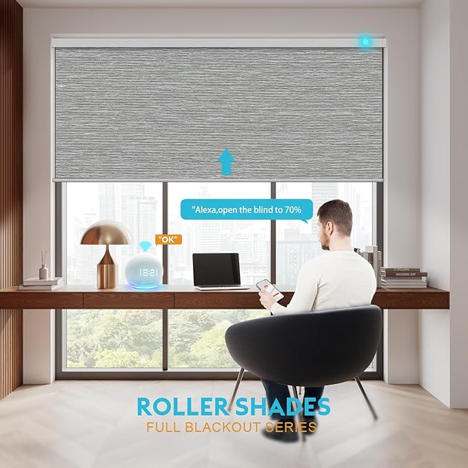 Motorized Blinds with Remote, Smart Blind Roller Shades Compatible with Alexa, Durable Rechargeable Battery Solar Power Electric Window Blinds Motorized Shades Customized Size (Luxury-Grey)