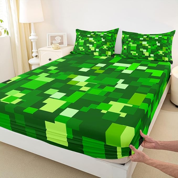 Pixelated Game Kids Queen Size Fitted Sheet,Video Games Abstract Gaming Boys Girls Bed Sheets,Geometric Gamepad Square Room Decor,Light Green Bedding Set,2 Pillowcases(No Flat)
