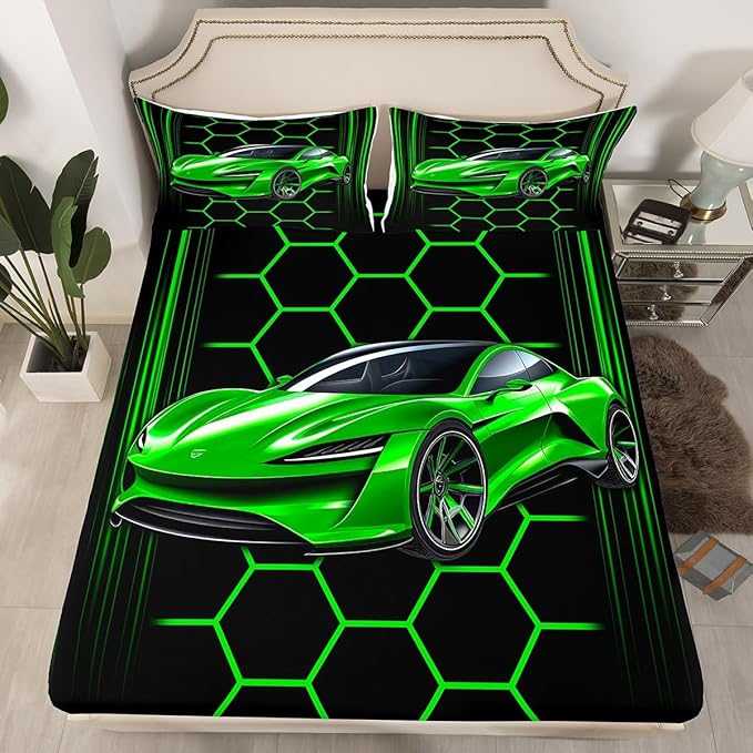 Racing Car Theme Bedding Set Twin Size Honeycomb Geometric Bed Set for Teens Bedroom Decor Kids Sheet Microfiber Extreme Sports Bed Cover(1 Fitted Sheet+1 Pillow Case)