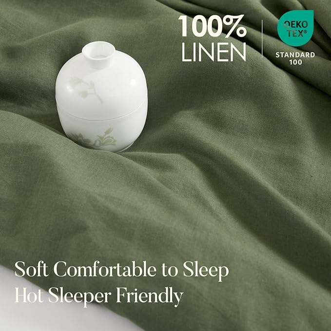 DAPU 100% Linen Olive Green Duvet Cover Set - Pure Natural French Flax Linen with Corner Ties and Zipper Closure Soft Breathable Durable for Hot Sleepers 1 Duvet Cover 2 Pillowcases (King)