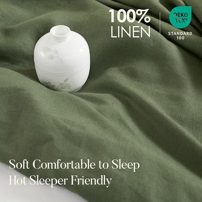 DAPU 100% Linen Olive Green Duvet Cover Set - Pure Natural French Flax Linen with Corner Ties and Zipper Closure Soft Breathable Durable for Hot Sleepers 1 Duvet Cover 2 Pillowcases (King)