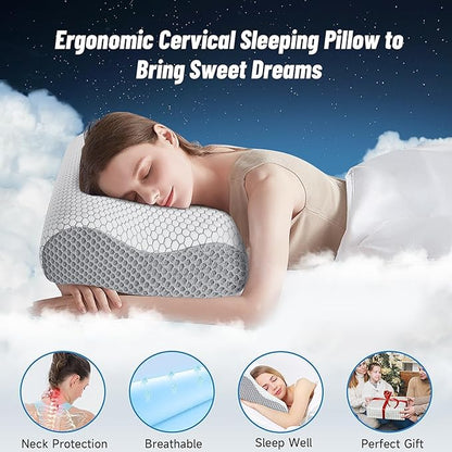 CloudBliss Memory Foam Pillow, Ergonomic Neck Contour Cervical Pillow for Back and Shoulder Pain, Orthopedic Pillow for Neck Pain Relief, for Sleeping Side, Back, Stomach Sleepers - Grey, King