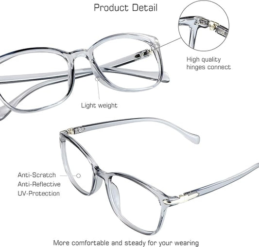 VisionGlobal Blue Light Blocking Glasses for Women/Men, Anti Eyestrain, Computer Reading, TV Glasses, Stylish Square Frame, Anti Glare(Clear Gray,+4.50 Magnification)
