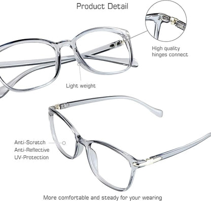 VisionGlobal Blue Light Blocking Glasses for Women/Men, Anti Eyestrain, Computer Reading, TV Glasses, Stylish Square Frame, Anti Glare(Clear Gray,+2.50 Magnification)