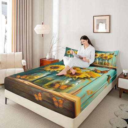 Sunflower Kids Twin Size Fitted Sheet,Flower Farmhouse Floral Boys Girls Bed Sheets,Rustic Butterfly Wooden Room Decor,Yellow Green Bedding Set,1 Pillowcase(No Flat)