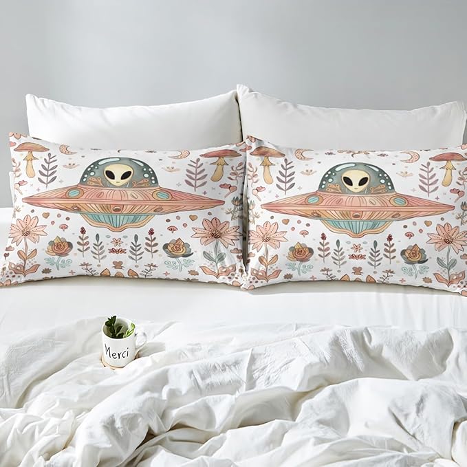 Alien Fitted Sheet,Nature Botanical Plants Mushroom Flowers White Soft Decorative Fabric Bedding Glitter Galaxy Pink Spaceship Outer Space Pocket Twin Size with 1 Pillowcase