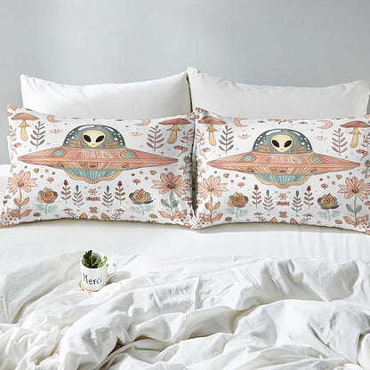Alien Fitted Sheet Queen Size,Nature Botanical Plants Mushroom Flowers White Soft Bed Cover(1 Fitted Sheet+1 Pillow Case),Glitter Galaxy Pink Spaceship Outer Space Breathable Mattress Cover