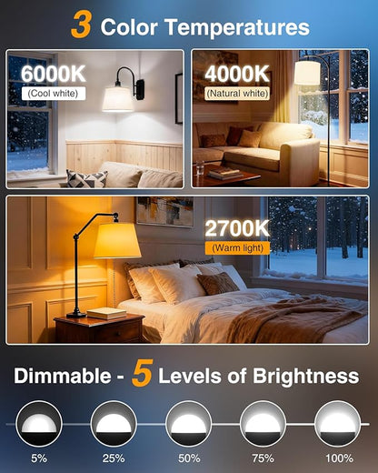 VOLISUN Full Spectrum Light Bulb 10000 Lux, 4000K-6000K Natural Sunlight Bulbs, Adjustable Color/Brightness/Timer, 1500LM, 21W Natural Light Bulbs E26/E27 for Floor Lamp