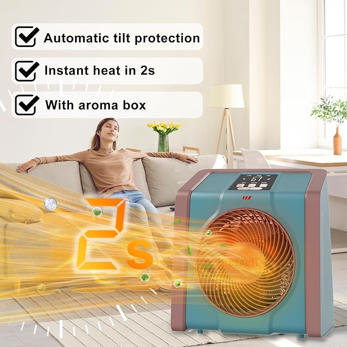 HEATIT Space Heater for Indoor, Digital Display with Thermostat, 1-12H Timer, Fan Mode,1500W/750W, Electric Space Heater for Office, Bedroom,Cyan,10.6"Dx7.0"W x 11.8"H