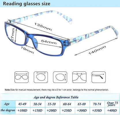 Kerecsen Reading Glasses 5 Pairs Fashion Ladies Readers Spring Hinge with Pattern Print Eyeglasses for Women (Blue, 6.0, x)