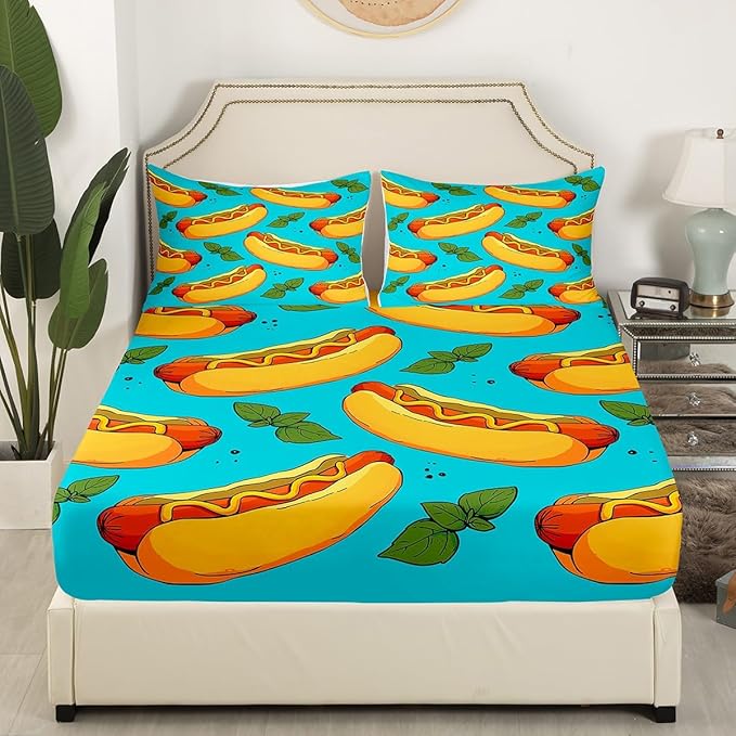 Manfei Fast Food Sheet Set Twin Size, American Cartoon Hot Dog Hamburg Bedding Set for Kids Boys Girls Room Decor, Creative Abstract Bed Sheet Set 3pcs (Fitted Sheet, Flat Sheet, 1 Pillowcase)