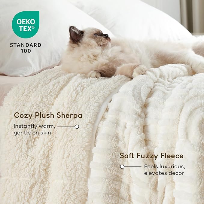 Cottonblue Weighted Blanket for Adults Queen Size 15 lbs, Soft Fluffy Sherpa Fleece Jacquard Weighted Blankets Throw 60" x 80" for Sleep Relax, Fuzzy Warm Arch Heavy Blanket for Bed Couch, Cream White