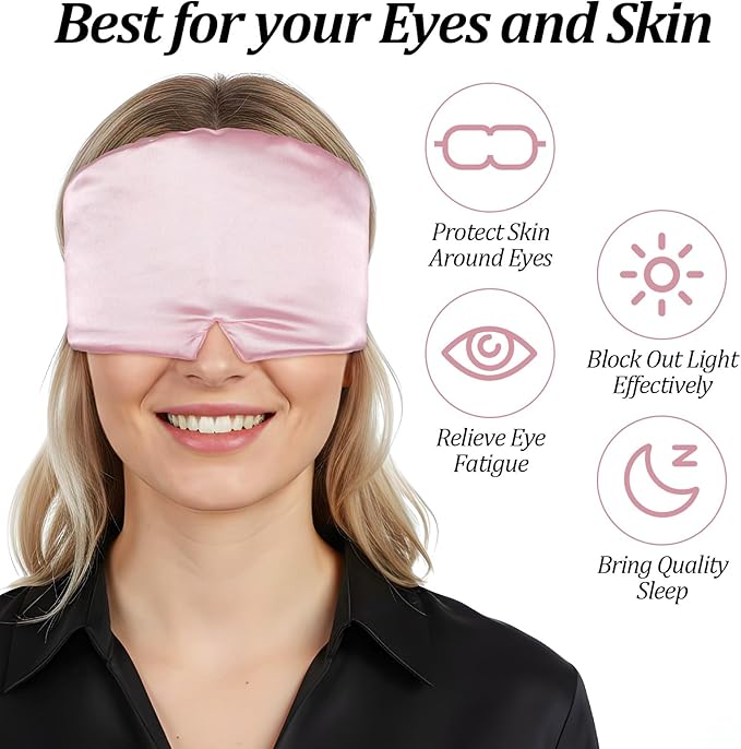 Silk Sleep Mask for Women Men, Soft Eye Mask for Side Sleepers Large Blackout Sleeping Masks with Adjustable Band Silk Eye Cover for Sleeping Travel Yoga Nap, Pink