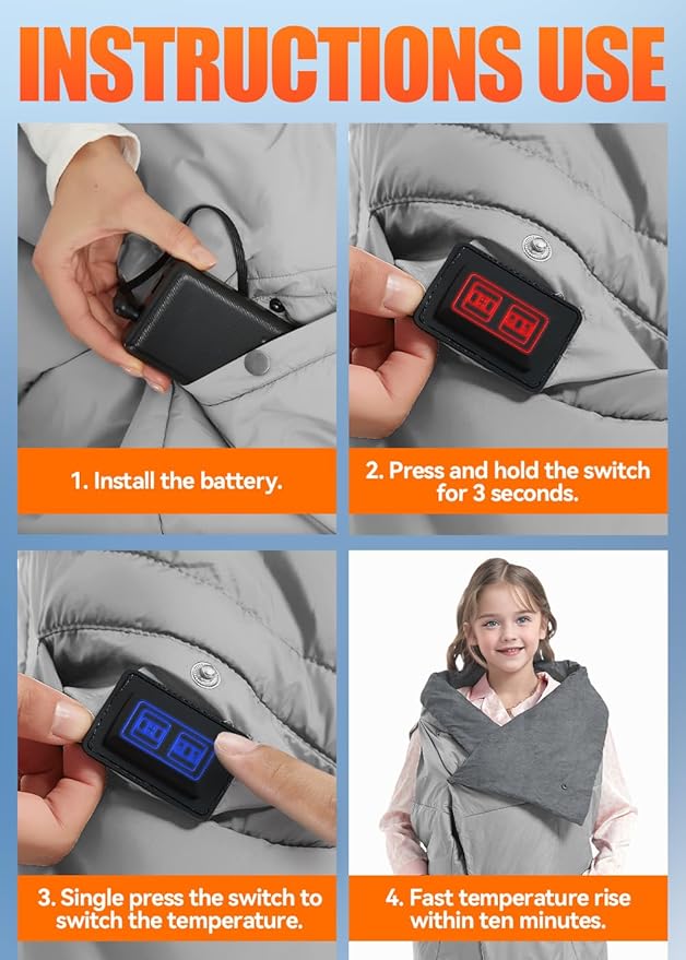 Kids Heated Blanket Battery Operated - Boys and Girls 7.4V DC Portable Cordless USB Heating Blanket for Outdoors (Grey)