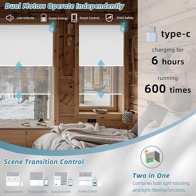 SmartWings Motorized Dual Blinds with Remote, Custom Automatic 100% Blackout Roller Shade Compatible with Alexa/Homekit/Google, Electric Smart Blinds for Indoor Windows, Large Size