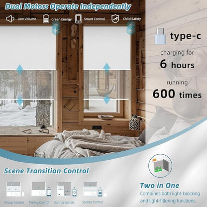 SmartWings Motorized Dual Blinds with Remote, Custom Automatic 100% Blackout Roller Shade Compatible with Alexa/Homekit/Google, Electric Smart Blinds for Indoor Windows, Large Size