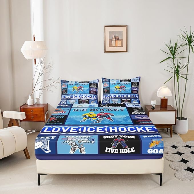 Manfei Hockey Puck Bed Sheets King Size, Bedding Set, Geometric Grid Patchwork Kids Room Decor,Blue Sheet(Fitted+Flat+2 Pillowcases)