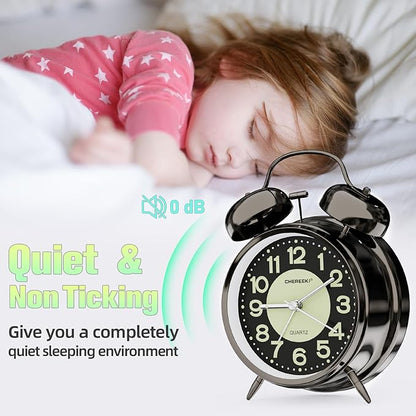 CHEREEKI Loud Alarm Clock for Heavy Sleepers Adults, Silent Non Ticking Analog Clock with Backlight, Luminous Dial, Battery Operated Alarm Clock for Bedroom, Included Battery, Black