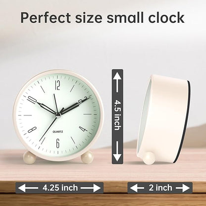 Analog Alarm Clock, 4 inch Super Silent Non Ticking Small Clock with Night Light, Battery Operated, Simple Design, Old Fashioned Style Cream Decor, for Bedroom, Bedside, Desk, Adult, Kid, Gift, White