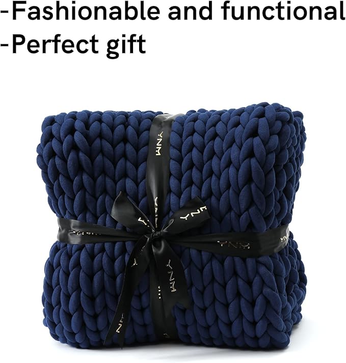 YnM Knitted Weighted Blanket, Hand Made Chunky Knit Weighted Throw Blanket for Sleep, Stress or Home Décor (Navy, 60''x80'' 15lbs), Suit for One Person(~140lb) Use on Twin/Full Bed