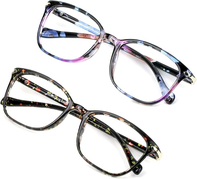 VisionGlobal 2 Pack Blue Light Blocking Glasses for Women/Men, Anti Eyestrain, Computer Reading, TV Glasses, Stylish Square Frame, Anti Glare (Pink+Floral)