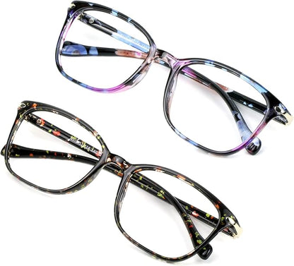 VisionGlobal 2 Pack Blue Light Blocking Glasses for Women/Men, Anti Eyestrain, Computer Reading, TV Glasses, Stylish Square Frame, Anti Glare (Pink+Floral)