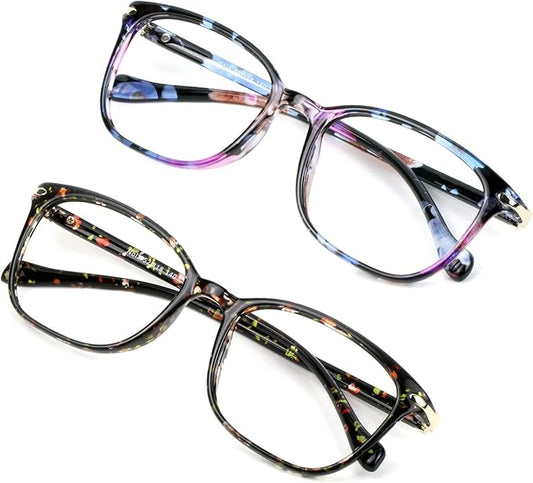 VisionGlobal 2 Pack Blue Light Blocking Glasses for Women/Men, Anti Eyestrain, Computer Reading, TV Glasses, Stylish Square Frame, Anti Glare (Pink+Floral)