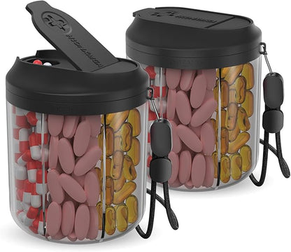 Pill Dispenser with 7 Large Compartments, Pill Bottle Organizer for Travel, Supplement Organizer with Anti-Mixing Design, Pill Container with 20 Pcs Labels, Black 2Pcs