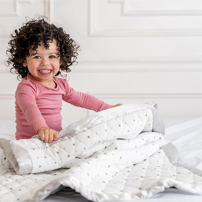 Dreamland Baby 4lb Weighted Blanket for Kids. Breathable Dual Fabrics with Minky Cooling Side & Cozy Microfleece on Reverse. Mom-Owned US Business, Premium Materials (White with Grey Stars)