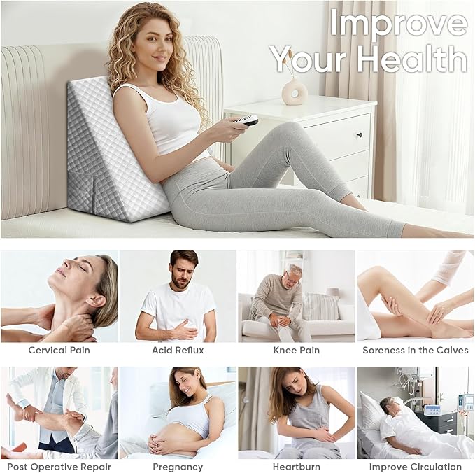 Wedge Pillow, 10 Inch Bed Wedge Pillow for Headboard, Pillow Wedge for Acid Reflux Relief, After Surgery, Sleeping，Back Pain Relief, Memory Foam Top, LightGrey