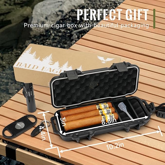 Bald Eagle Travel Humidor Cigar Box, Portable Small Cigar Case with Humidifier, Airtight, Crushproof, Waterproof, Hold up to 3-4 Cigars