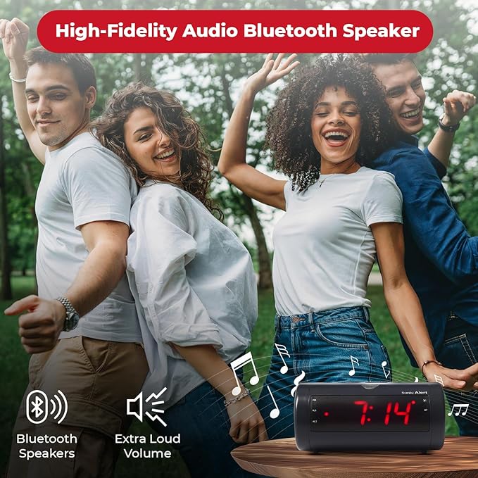 Sonic Blast Digital Alarm Clock – Loud Alarm Clock for Heavy Sleepers – Bedside Alarm Clock – Android & iOS Compatible - Bluetooth Speaker, USB Port – AUX Compatible